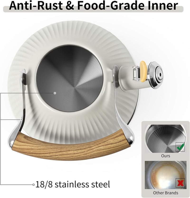 Lonffery Tea Kettle for Stove Top, 2.5 Quart Whistling Tea Kettle, Stainless Steel and Wood Pattern Folding Handle, Creamy White - Image 4